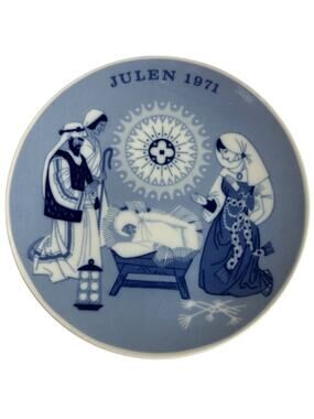 Porsgrund Norway Christmas Plate A Child is born Julen 1971 Blue 7"